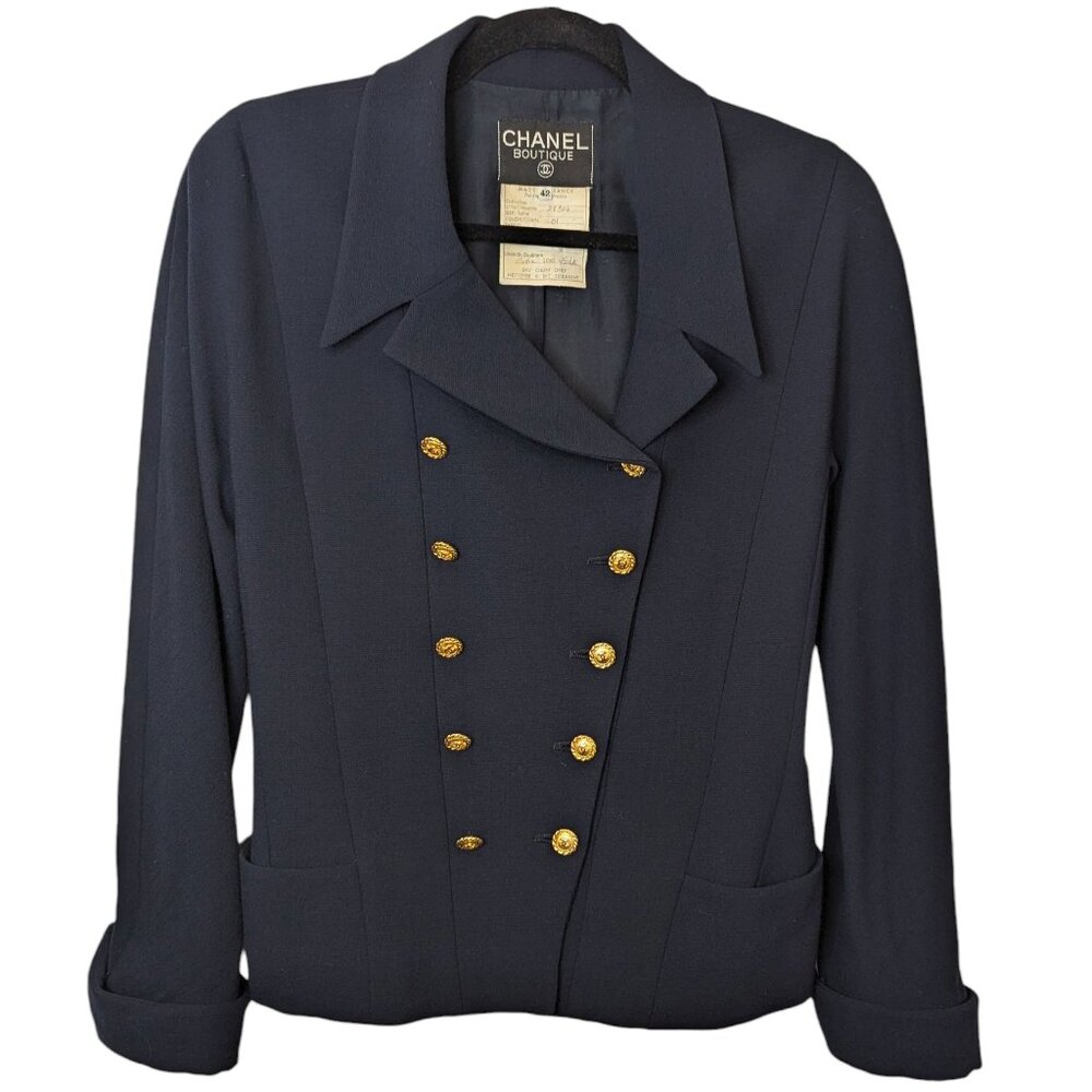 Chanel Vintage Navy Wool Crepe Double Breasted Jacket 1990s FR42 S 6 8 RARE